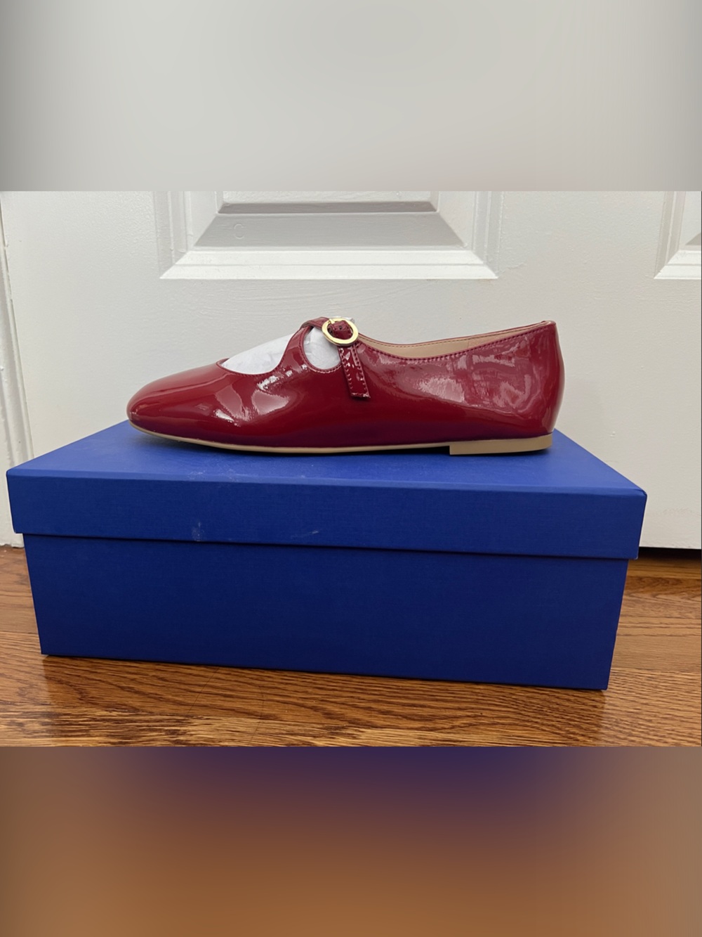 Stuart Weitzman Red Patent MaryJane Flat with Gold Buckle - Picture 5 of 6